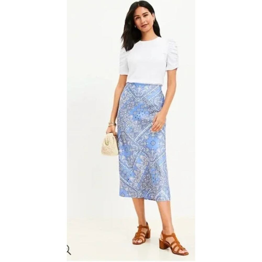 LOFT Bandana Paisley Satin Midi Skirt XL Blue White Gray Country Coastal Boho
